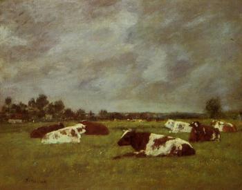 尤金 佈丹 Cows in a Meadow, Morning Effect